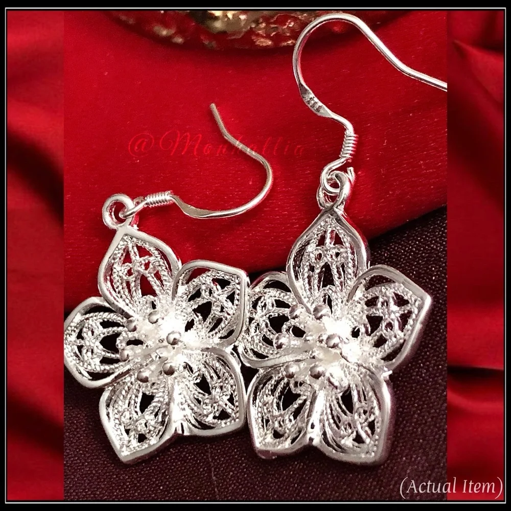 Clearance! NEW 925 SILVER DAHLIA TULIP FLOWER FLORAL SCROLLWORK GARDEN EARRINGS